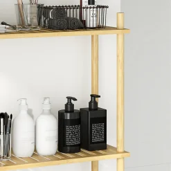 Étagère WC 3 niveaux en bois naturel, meuble salle de bain gain de place avec système anti-basculement, style champêtre