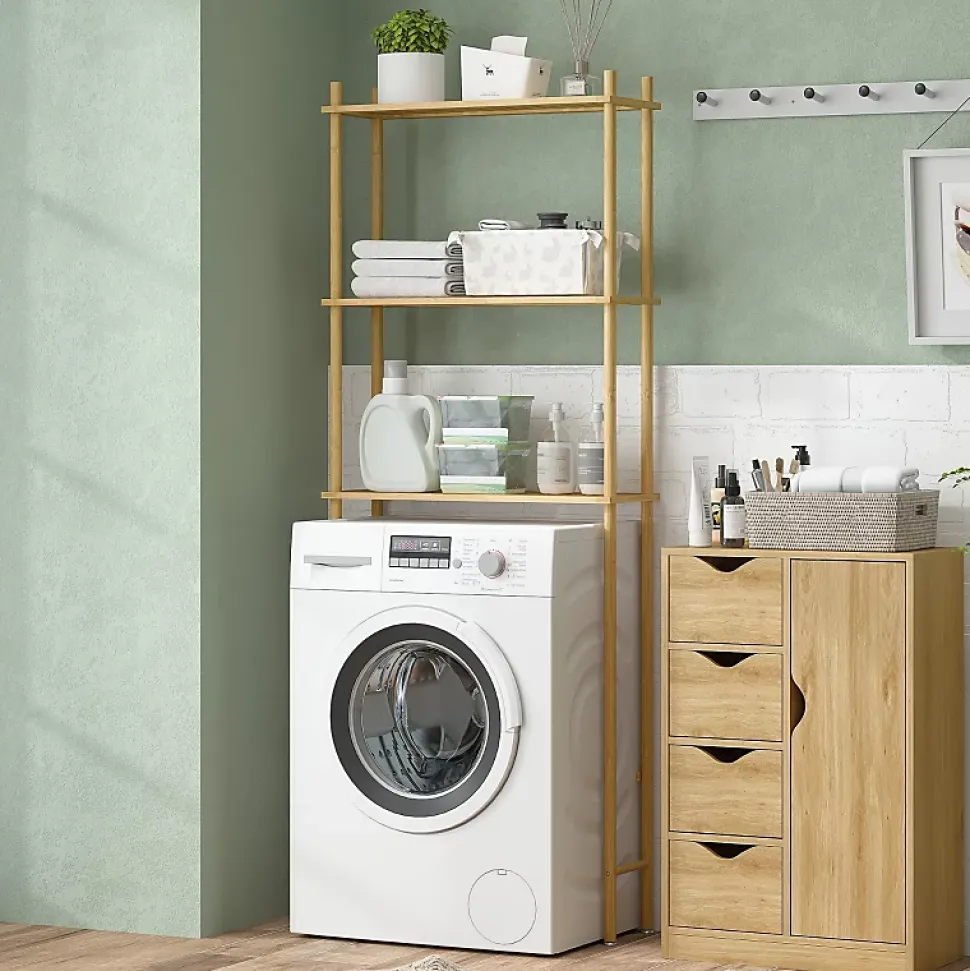 Étagère WC 3 niveaux en bois naturel, meuble salle de bain gain de place avec système anti-basculement, style champêtre