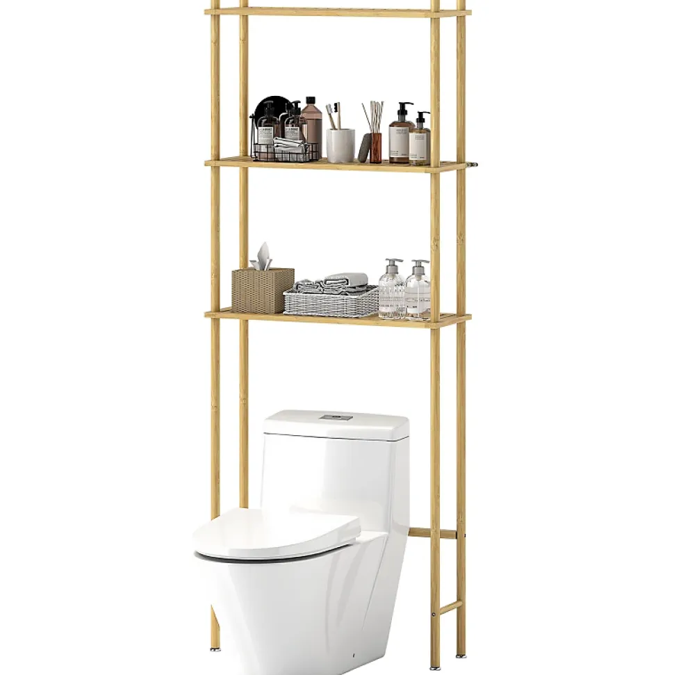 Étagère WC 3 niveaux en bois naturel, meuble salle de bain gain de place avec système anti-basculement, style champêtre