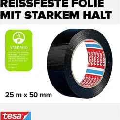 tesa Ruban adhésif toile9 Extra Power 50 mm x 25 m noir, caoutchouc synthe8se, 1 rouleau