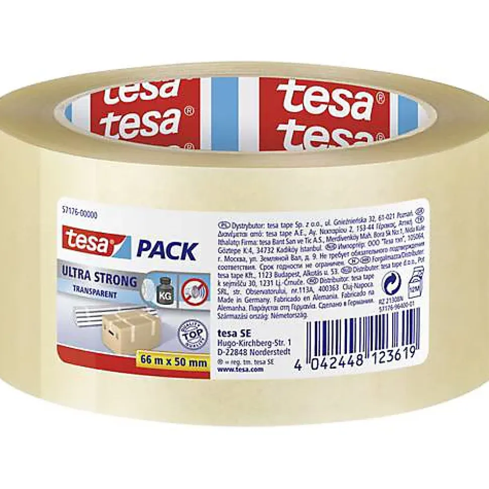 tesa Tesapack Ultra Strong 57176-00000-05 - Ruban adhésif d'emballage transparent 50 mm x 66 m, 1 rouleau