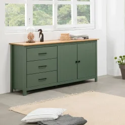 TINA - Buffet Bas 2 Portes 3 Tiroirs Bois Ciré et Vert