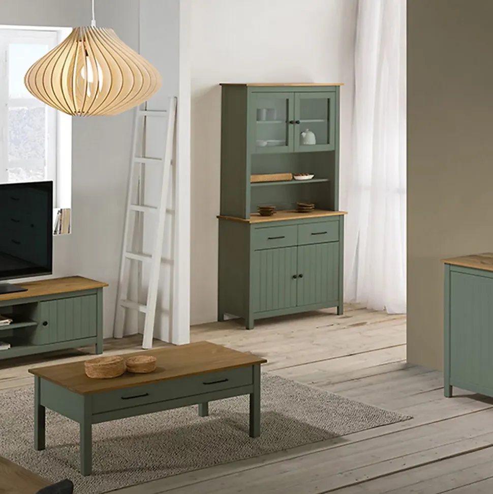 TINA - Buffet Haut 4 Portes 2 Tiroirs Bois Ciré et Vert