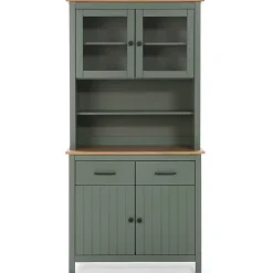 TINA - Buffet Haut 4 Portes 2 Tiroirs Bois Ciré et Vert
