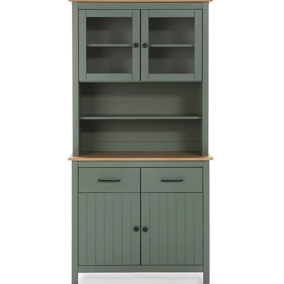 TINA - Buffet Haut 4 Portes 2 Tiroirs Bois Ciré et Vert