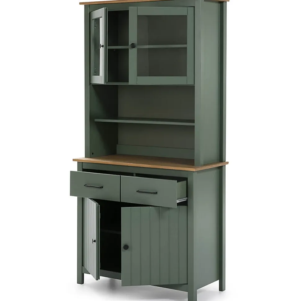 TINA - Buffet Haut 4 Portes 2 Tiroirs Bois Ciré et Vert