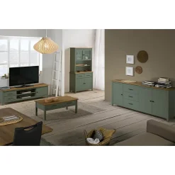 TINA - Buffet Haut 4 Portes 2 Tiroirs Bois Ciré et Vert