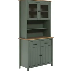 TINA - Buffet Haut 4 Portes 2 Tiroirs Bois Ciré et Vert
