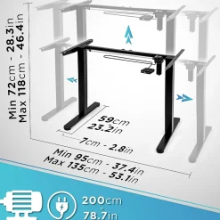TM51 BK Structure pour bureau assis debout électrique Hauteur ajustable de 72 à 118 cm Charge max 70 kg Plateau à ajouter Duronic