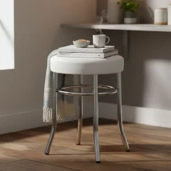 TODARO - Tabouret Acier Chromé et Simili Blanc