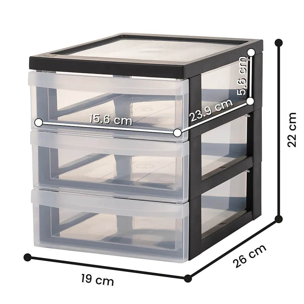Tour de rangement Plastique Bureau A5, 3 Petits Tiroirs, Lot de 2, Noir, DC-A5, Iris Ohyama
