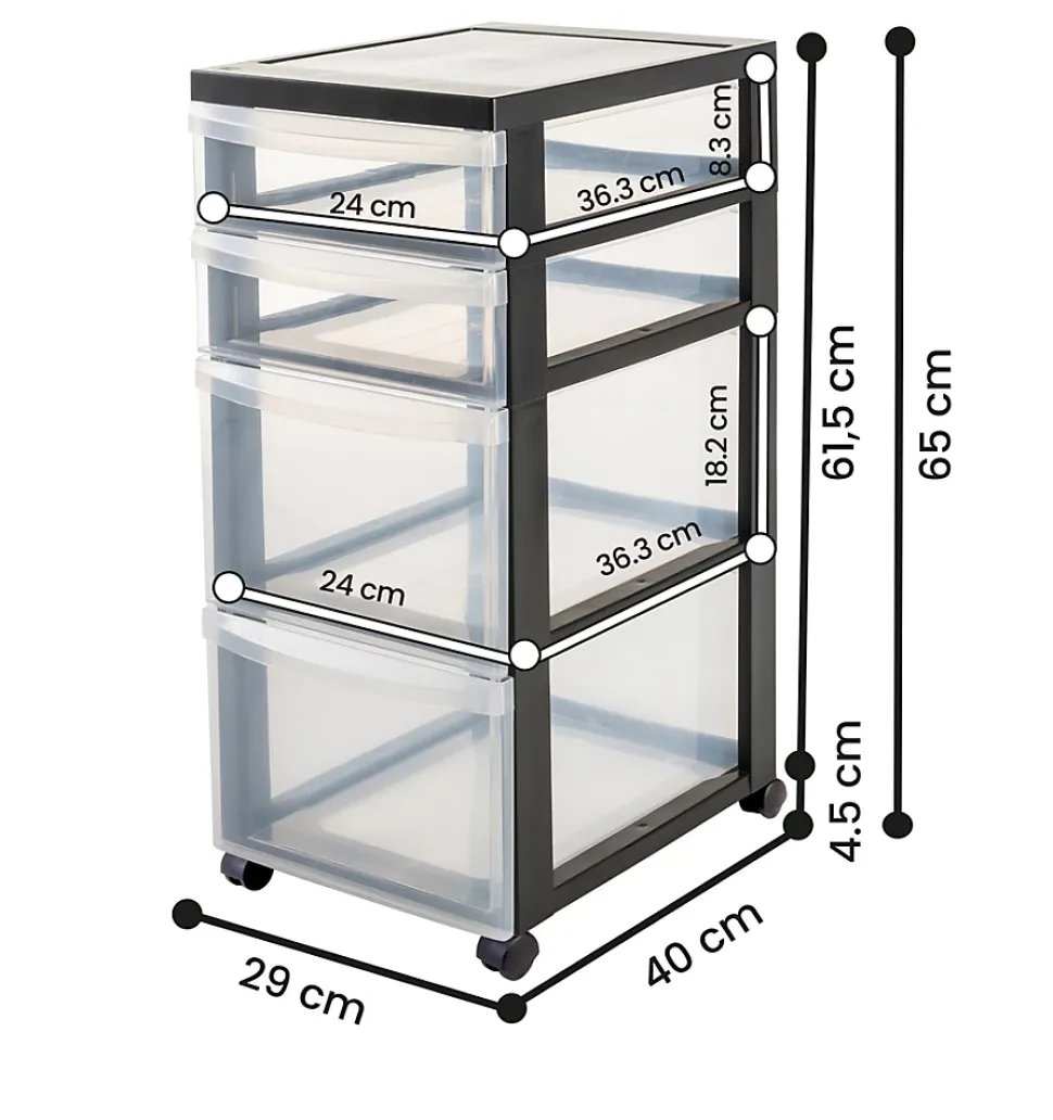 Tour de rangement plastique sur roulettes A4, 4 Tiroirs mix, Noir, DC-322, Iris Ohyama