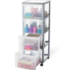 Tour de rangement plastique sur roulettes A4, 4 Grands Tiroirs, Argent, DC-304, Iris Ohyama