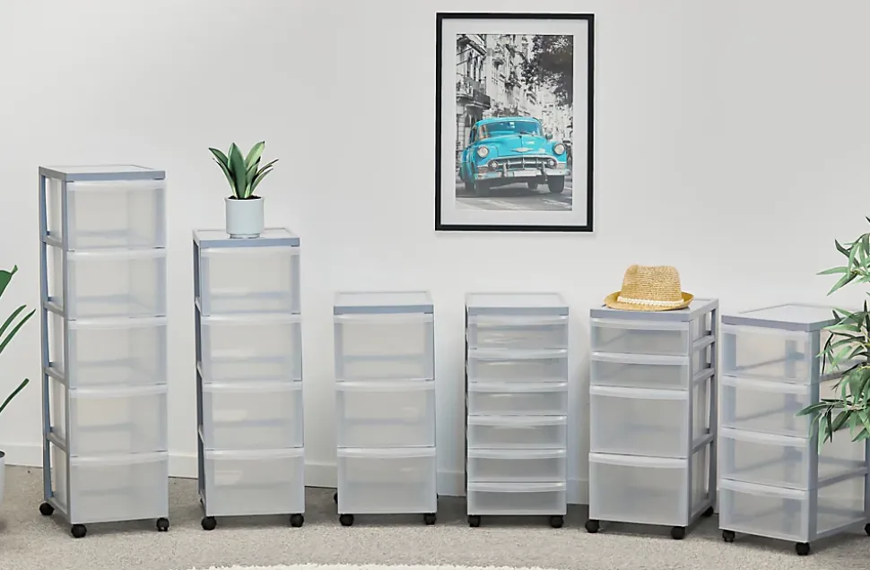 Tour de rangement plastique sur roulettes A4, 4 Grands Tiroirs, Argent, DC-304, Iris Ohyama
