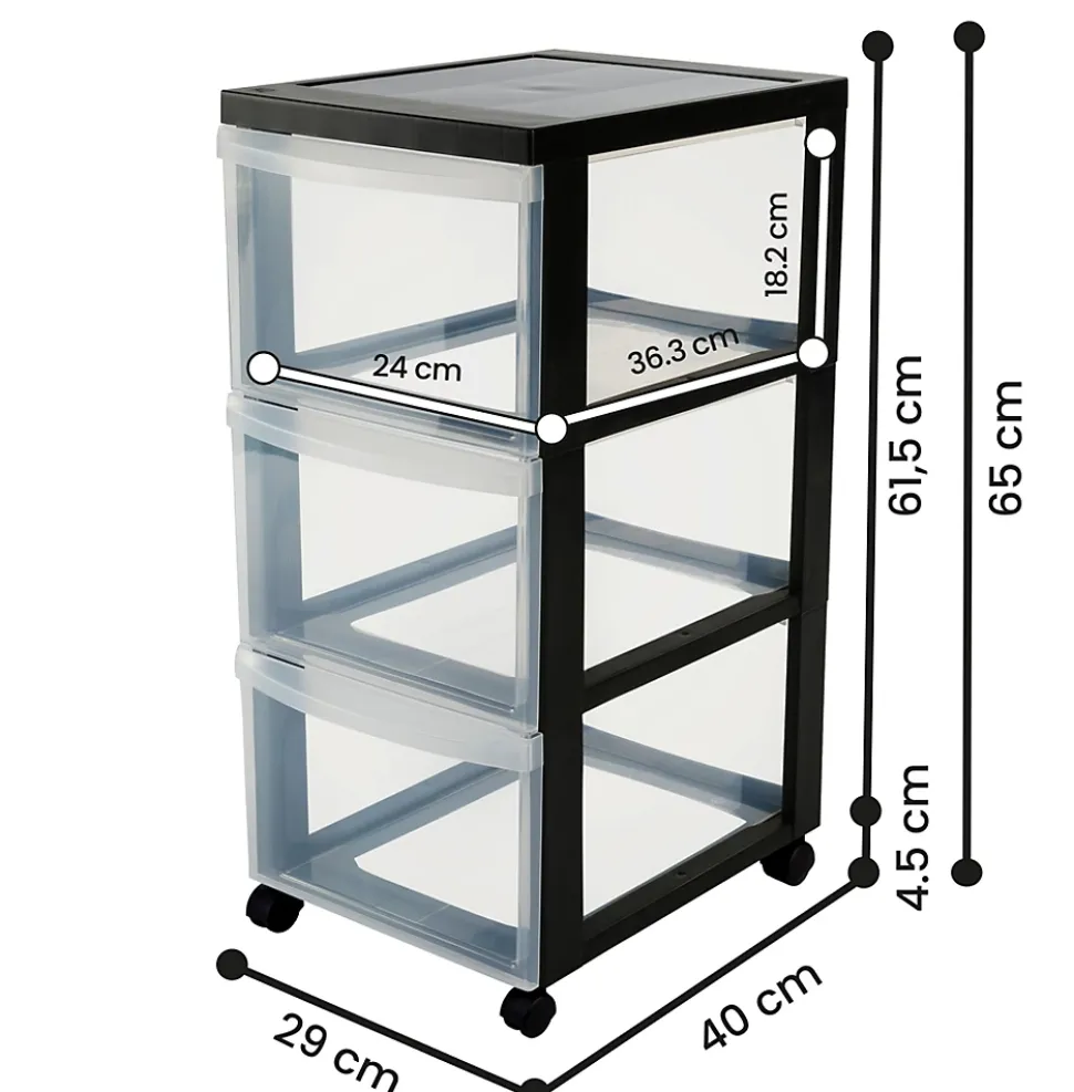 Tour de rangement plastique sur roulettes A4, 3 Grands Tiroirs, Noir, DC-303, Iris Ohyama