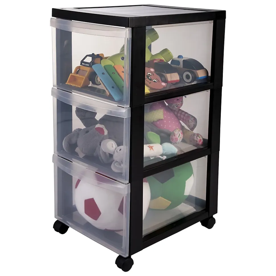 Tour de rangement plastique sur roulettes A4, 3 Grands Tiroirs, Noir, DC-303, Iris Ohyama