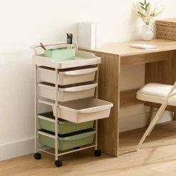 Tour rangement 5 tiroirs Deskolor avec roues beige et vert - Beige- 5five