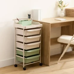 Tour rangement 5 tiroirs Deskolor avec roues beige et vert - Beige- 5five