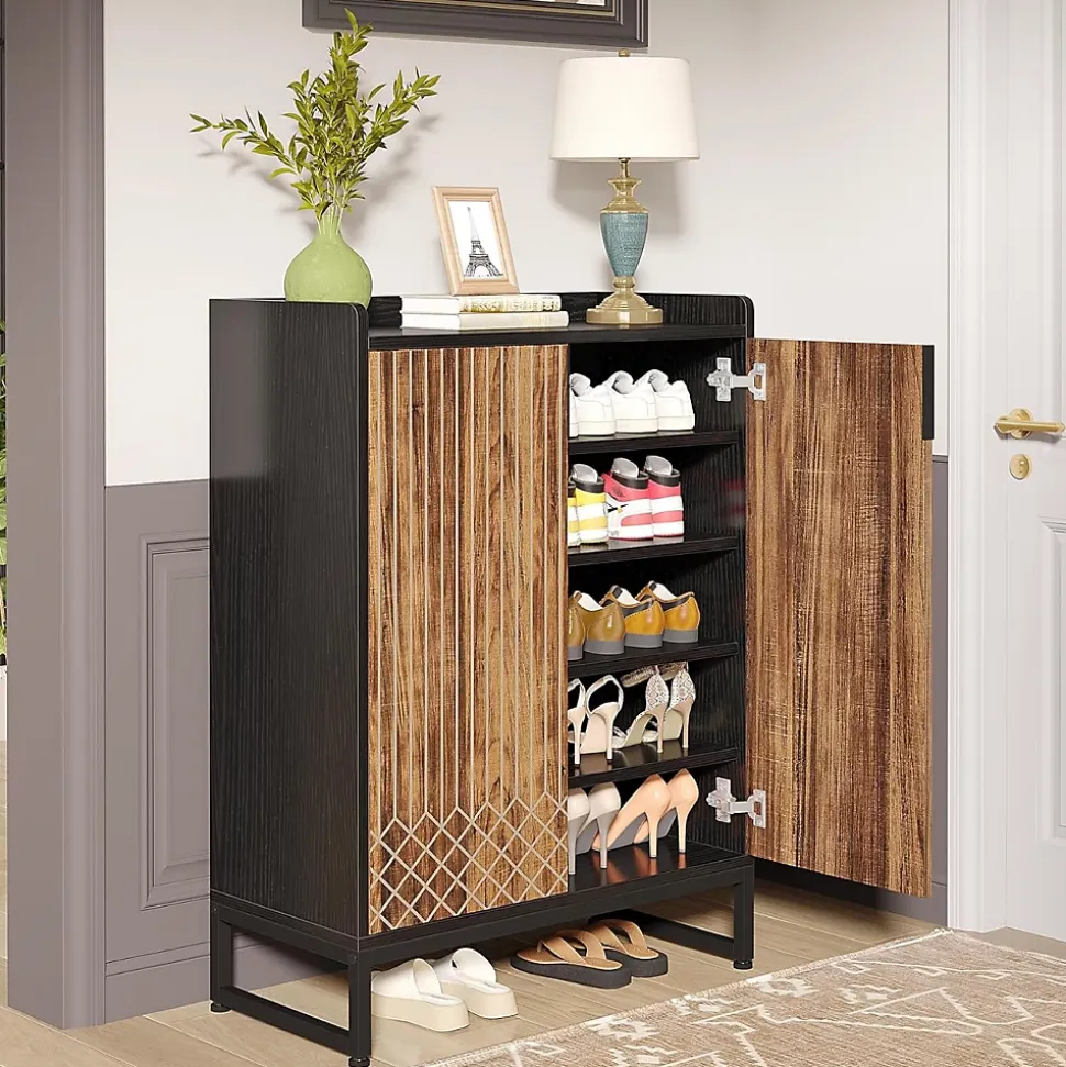 Tribesigns 25 Paires de Meuble de Rangement à Chaussures Armoire avec Portes Marron et Noir