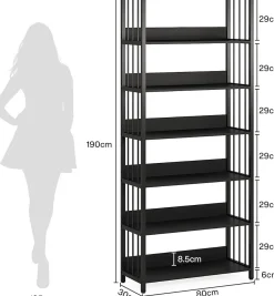 Tribesigns Bibliothèque Étagère Rangement 6 Niveaux, 190 cm Haute, Étroite, Autoportante pour Salon , 80x30x190 cm (Noir)