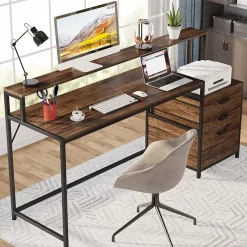 Tribesigns Bureau 160 cm avec tiroirs et support d'écran Marron