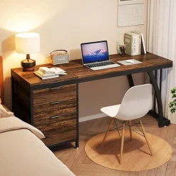 Tribesigns Bureau de 150 cm avec tiroirs réversibles Marron Rustique