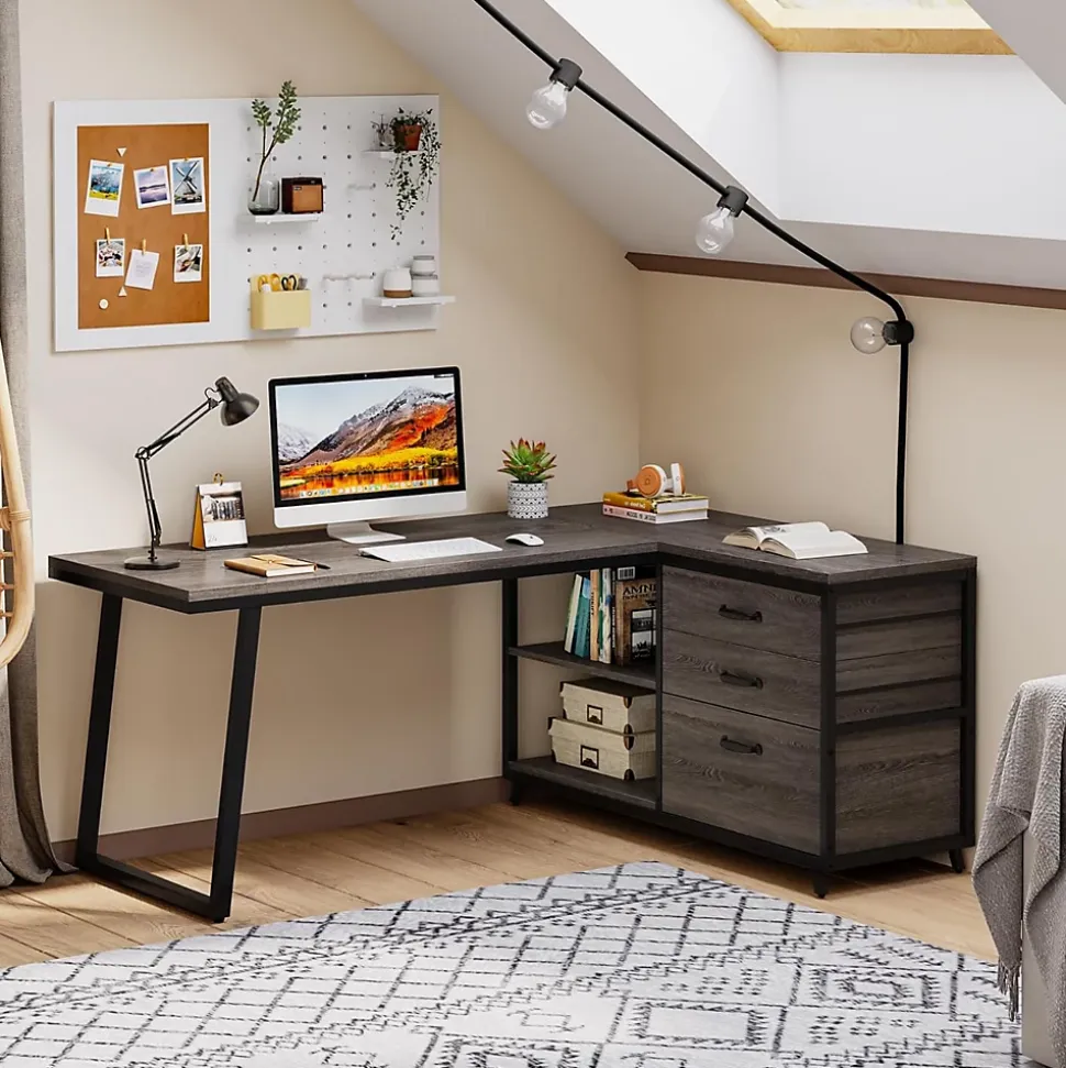 Tribesigns Bureau d'ordinateur en forme de L avec 3 tiroirs gris