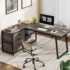 Tribesigns Bureau d'ordinateur en forme de L avec 3 tiroirs gris