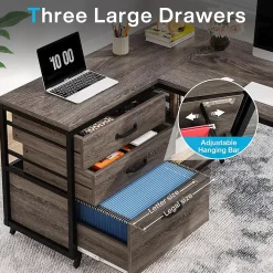Tribesigns Bureau d'ordinateur en forme de L avec 3 tiroirs gris