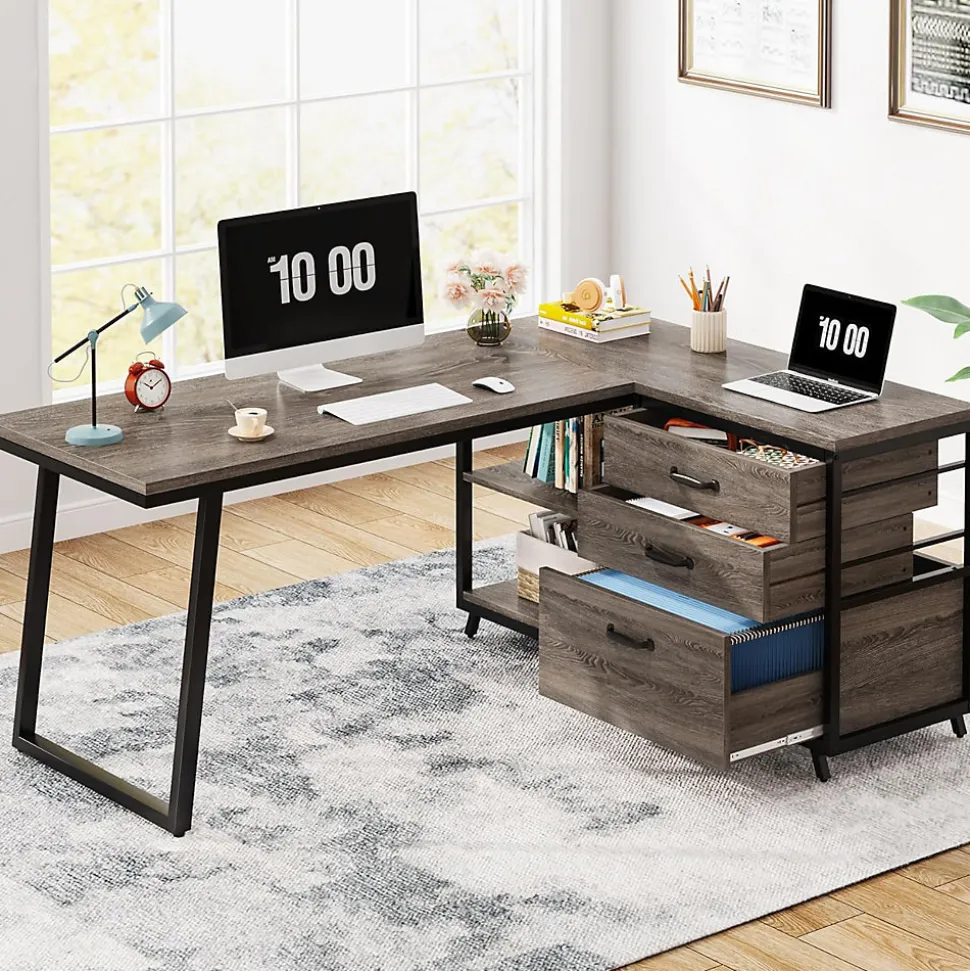 Tribesigns Bureau d'ordinateur en forme de L avec 3 tiroirs gris