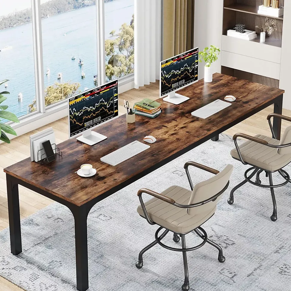 Tribesigns Bureau Informatique Double Long Marron Rustique
