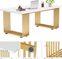 Tribesigns Bureau Moderne de 180 cm Blanc & Or