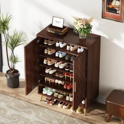 Tribesigns Meuble Chaussures avec 2 Portes, 6 étages Séparateurs Réglables Marron