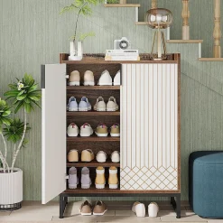 Tribesigns Meuble de Rangement à Chaussures Armoire avec Cadre Blanc et Marron