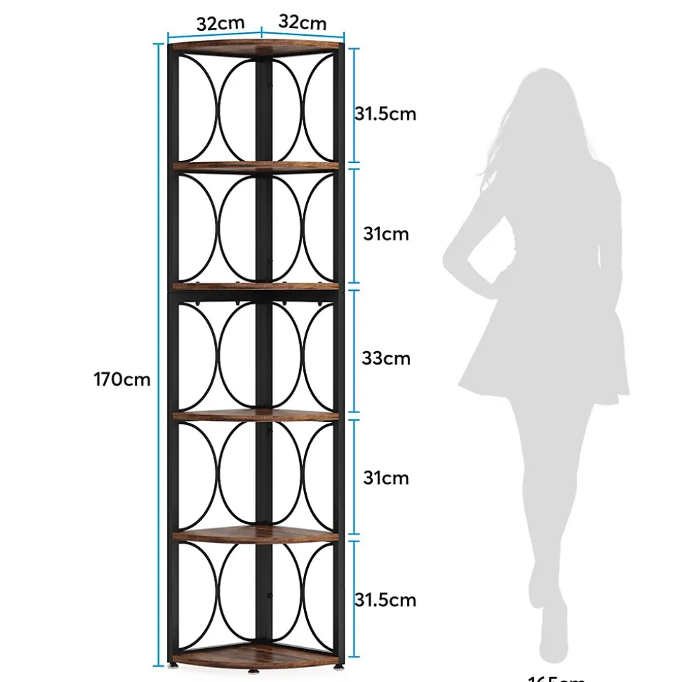 Tribesigns Étagère d'angle Rustique 6 Niveaux, 170 cm, Rangement pour Salon Cuisine Bureau, Petit Espace