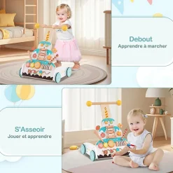 Trotteur Bébé Garçon Fille, Chariot de Marche en Bois avec Hauteurs Réglables Roues Douces, Centre d'Activité d'Apprentissage