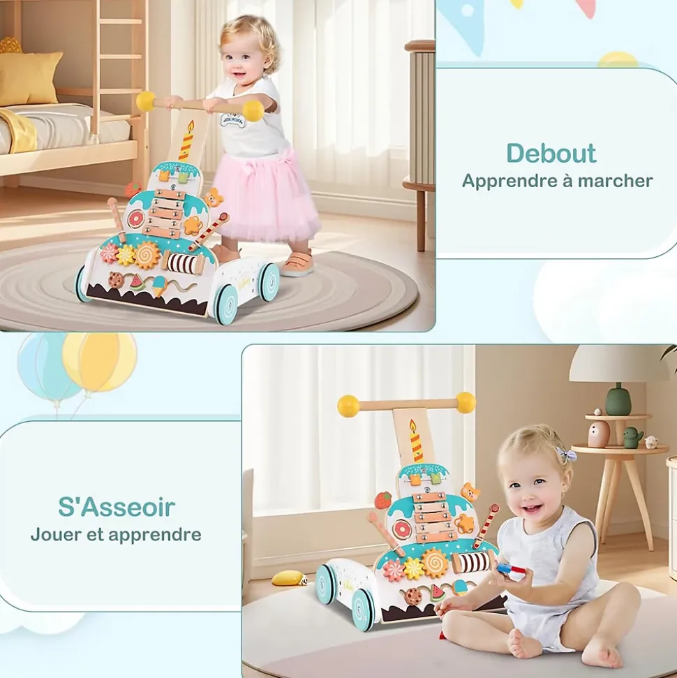 Trotteur Bébé Garçon Fille, Chariot de Marche en Bois avec Hauteurs Réglables Roues Douces, Centre d'Activité d'Apprentissage