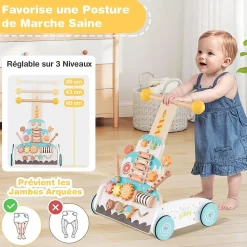 Trotteur Bébé Garçon Fille, Chariot de Marche en Bois avec Hauteurs Réglables Roues Douces, Centre d'Activité d'Apprentissage