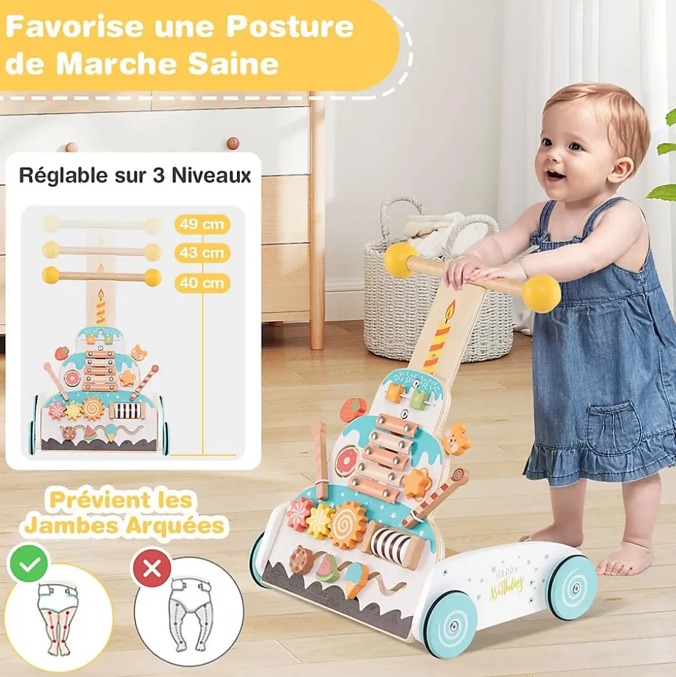 Trotteur Bébé Garçon Fille, Chariot de Marche en Bois avec Hauteurs Réglables Roues Douces, Centre d'Activité d'Apprentissage