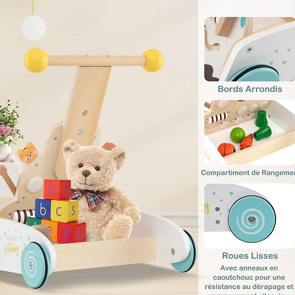 Trotteur Bébé Garçon Fille, Chariot de Marche en Bois avec Hauteurs Réglables Roues Douces, Centre d'Activité d'Apprentissage