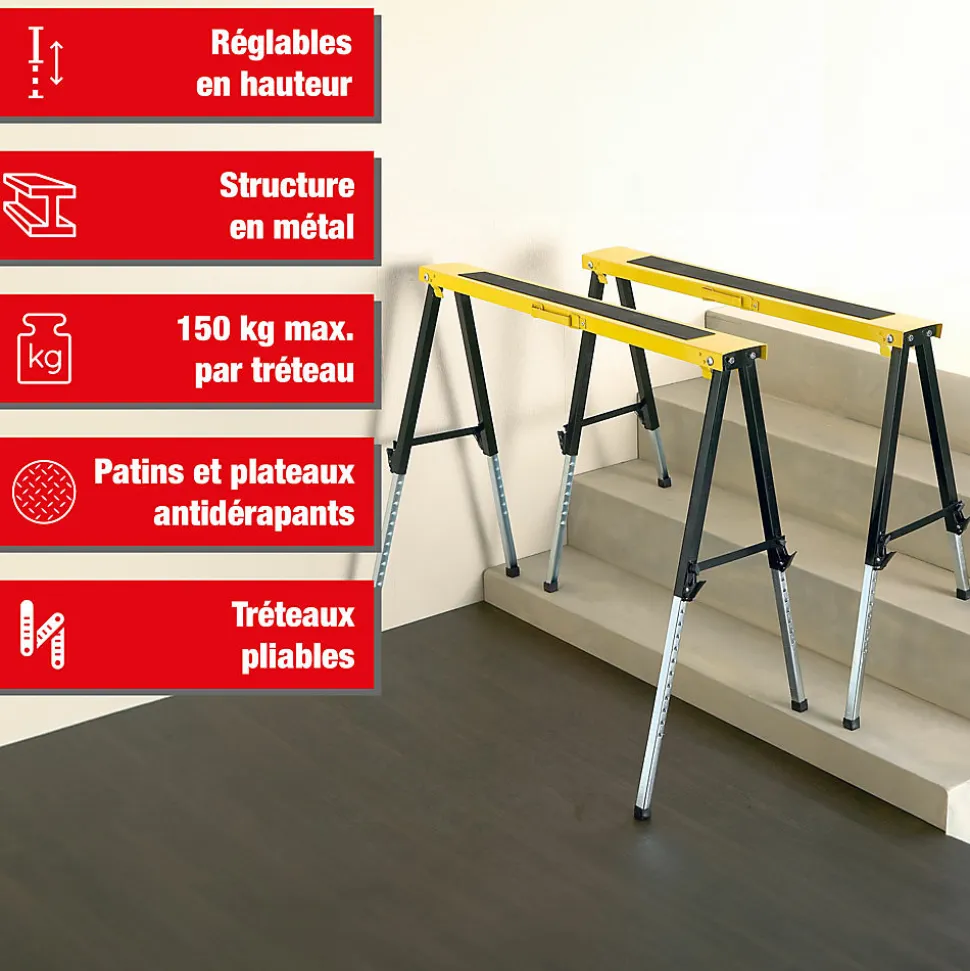 Tréteaux réglables télescopiques en métal - Hauteur ajustable de 64 à 91 cm Charge 150 kg - EURO VANADIUM