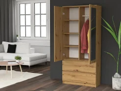 TURIN - Armoire 2 portes avec miroir style moderne chambre à coucher - 90x50x180 - 2 tiroirs - Chêne
