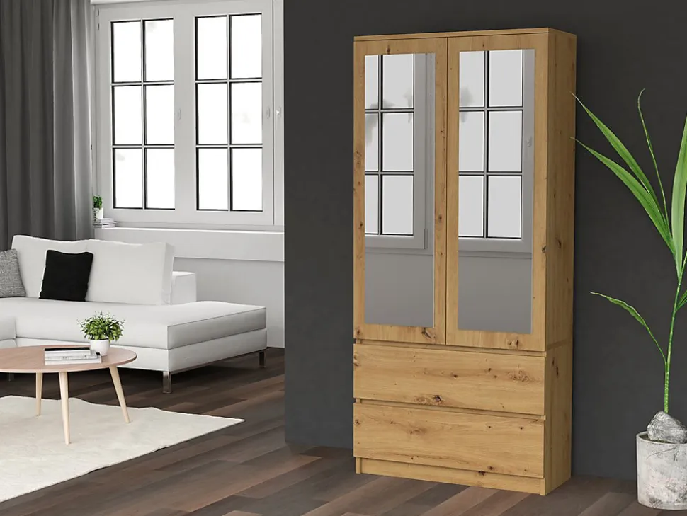 TURIN - Armoire 2 portes avec miroir style moderne chambre à coucher - 90x50x180 - 2 tiroirs - Chêne