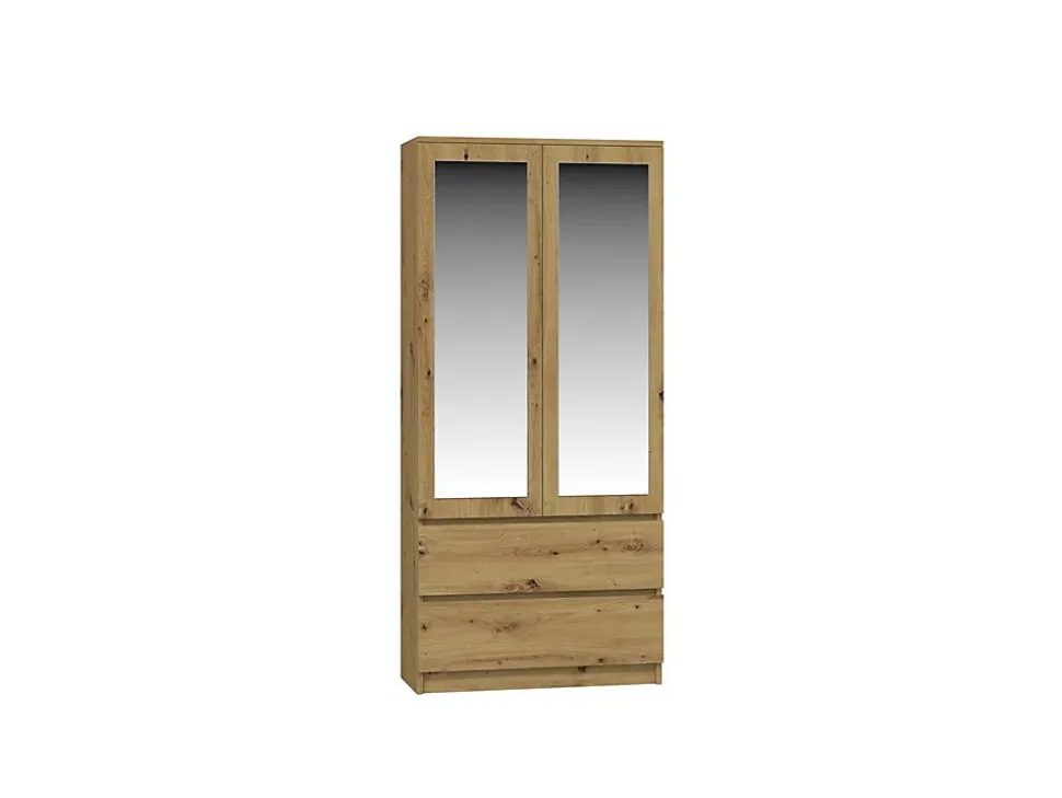 TURIN - Armoire 2 portes avec miroir style moderne chambre à coucher - 90x50x180 - 2 tiroirs - Chêne