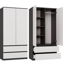 TURIN - Armoire de chambre - Penderie multifonctions - 2 portes + 2 tiroirs - Dressing - Anthracite et Blanc