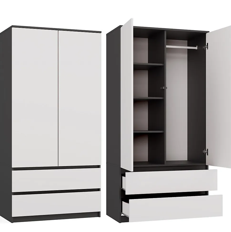 TURIN - Armoire de chambre - Penderie multifonctions - 2 portes + 2 tiroirs - Dressing - Anthracite et Blanc