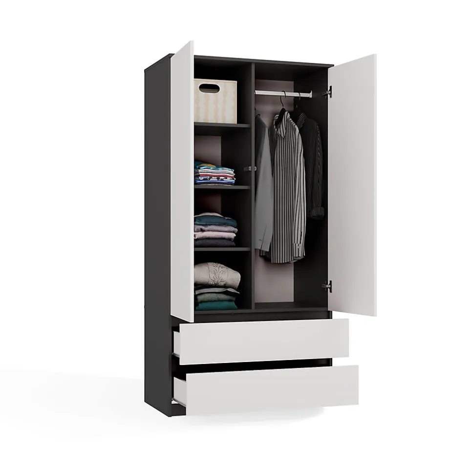 TURIN - Armoire de chambre - Penderie multifonctions - 2 portes + 2 tiroirs - Dressing - Anthracite et Blanc