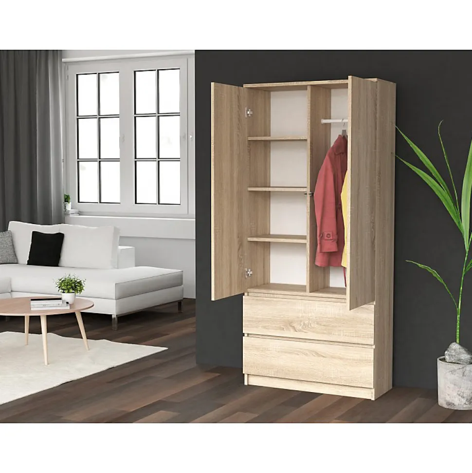 TURIN - Armoire style moderne chambre salon - Penderie multifonctions - 2 portes + tiroirs
