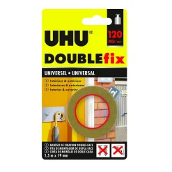 UHU Doublefix Universel - Ruban adhésif double face, ultra fort, résistance à 120 Kg, blanc, rouleau de 1,50 M X 19 mm