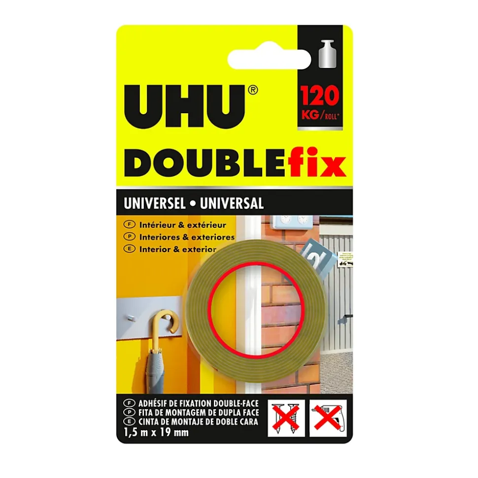 UHU Doublefix Universel - Ruban adhésif double face, ultra fort, résistance à 120 Kg, blanc, rouleau de 1,50 M X 19 mm